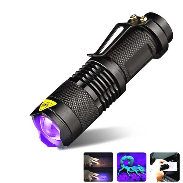 2021 lampe de poche UV LED torche ultraviolette avec fonction Zoom 365/395 nm Mini UV lumière noire détecteur de taches d'urine pour animaux de compagnie chasse sur le terrain