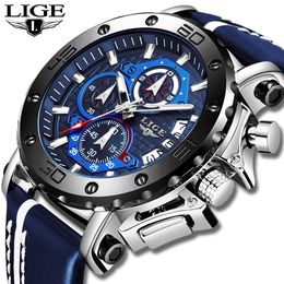 LIGE-Reloj de pulsera deportivo para hombre, de lujo, con esfera grande, militar, de cuarzo, de cuero, resistente al agua, Masculino, 2021