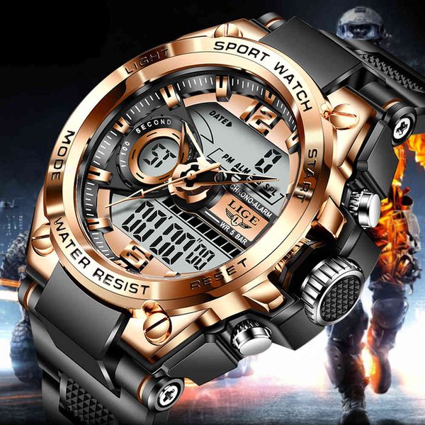 2021 Lige Sport Hommes Quartz Montre Digital Montres Creative Plongée Montres Hommes Étanche Alarme Alarme Double Affichage Horloge Relogio Masculino x0524