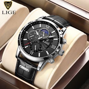 2021 LIGE Horloges Mens Topmerk Luxe Klok Casual Leathe 24Hoor Maanfase Mannen Horloge Sport Waterdichte Quartz Chronograph + Box Ohjkghftrt