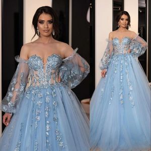 2021 Robes de soirée bleu clair Porter des épaules Illusion dentelle appliquée 3D floral tulle poète manches longues promenades robe de promesse guiche personnalisée