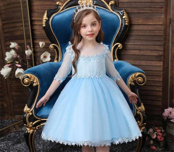 2021 Vestidos de niñas de flores de color azul claro Joya encantadora Apliques de encaje Hecho a mano Desfile Hasta la rodilla Ropa para niños