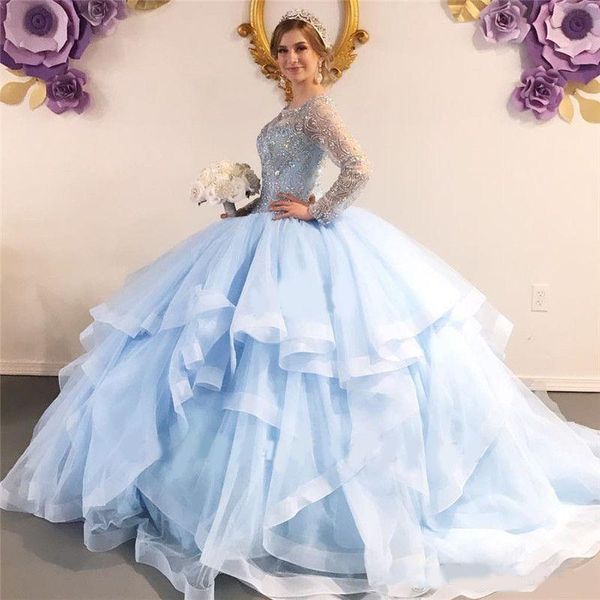 2021 bleu clair robes de Quinceanera col bijou cristal perles robe de bal manches longues volants à plusieurs niveaux doux 16 corset dos fête bal robes de soirée