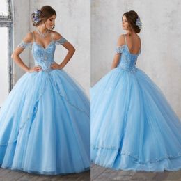 2021 Light Sky Blue Ball Vestido de la quinceanera Beads Spaghetti Sweet 16 Dress Lace Up Prom Party Vestido personalizado QC202101 350V