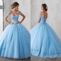 2021 Light Sky Blue Ball Gown Vestidos de quinceañera Beads Spaghetti Sweet 16 Dress Lace Up Vestido de fiesta de graduación por encargo QC202101218u