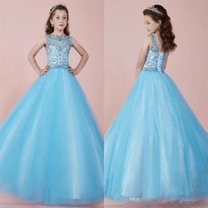 2021 Lichte hemelsblauw Mooie Long Girl's Pageant -jurken Sheer Crew Neck kristallen Corset Back Tule Princess Flower Girl294d