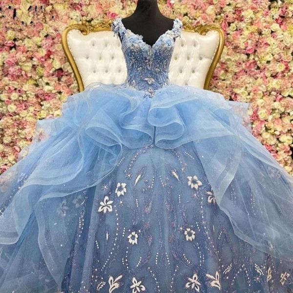 2021 bleu ciel clair robes de 15 a os Quinceanera robes perles Applique doux 16 robe de bal grande taille robe de bal 223B