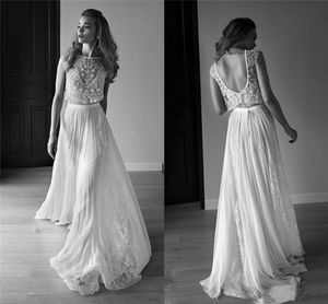 2021 Lihi-hod robes de mariée deux pièces dos nu dentelle perles cristaux longueur de plancher sur mesure Boho robes de mariée robe de mariée de plage