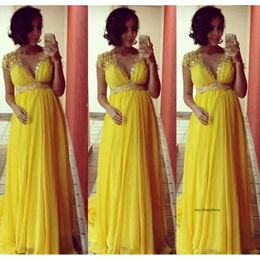 2021 Lange bruidsmeisje Elegante avond voor zwangere vrouwen Cap Mouw Lace Chiffon Yellow Prom Ocn -jurken 0509