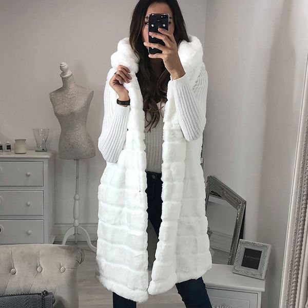 Gilet Long en fausse fourrure pour femmes, manches à la mode, à capuche, Slim, vestes en fourrure, gilet à rayures, vêtements d'extérieur de fête, manteau, Streetwear