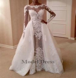 2021 Robes de mariée en dentelle à manches longues avec train de trains détachables Appliques de cou de bijou abiti da sposa corsage gaine