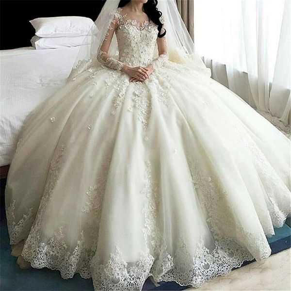 2021 robe de mariée musulmane à manches longues robes de mariée arabes voir à travers le dos dubaï luxe cristal fleurs robe de bal293I