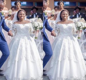 2021 Lange mouwen jurken van de schouder kanten applique op maat gemaakte Afrikaanse plus size bruiloft bruidsjurk Vestido de novia 403 403