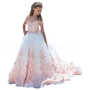 2021 Preciosos vestidos de niñas de flores para bodas Princesa Joya Cola larga Apliques de encaje Arco grande Tren de barrido Niños pequeños Santo Pageant 273R