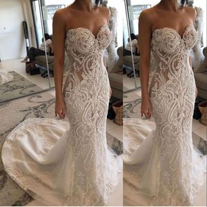 2021 Luxe Une Ligne Robes De Mariée Chérie Illusion Sheer Taille Dentelle Appliques Perles Balayage Train Plus La Taille Formelle Sirène Robes De Mariée