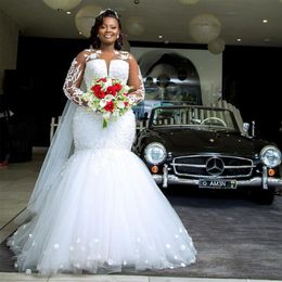 2021 vestidos de novia de sirena africana de lujo apliques de manga larga perlas de encaje flores 3D vestidos de novia florales v de Novia309m