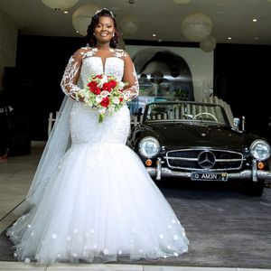 2021 Luxe Afrikaanse zeemeermin Wedding Jurken Lange Mouw Appliques Lace Pearls kralen Bloemen 3d Floral Bridal Jurken V de Novia 282J