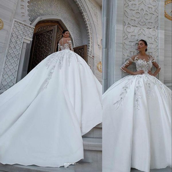 2021 Luxe Arabe Robe De Bal Robe De Mariée Robes De Mariée Formelles Satin Dentelle Appliques Perles De Cristal Overskirts Train Détachable Manches Longues Robes De Novia