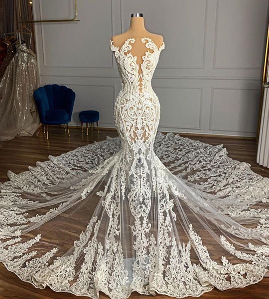 2021 Vestidos de novia de sirena árabe de lujo Vestido de novia formal Joya Cuello Ilusión Pura Cuentas de cristal de encaje completo Tren de la catedral vestido de noiva