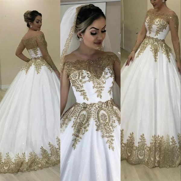 2021 lujo Bling Dubai oro blanco vestidos de novia vestidos formales de novia mangas largas transparentes fuera del hombro Bateau cuello apliques Spark258Q