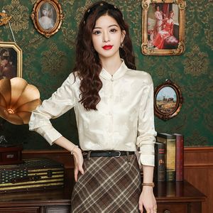 Nieuwe Chinese stijl Jacquard Silk Shirt Dames met lange mouwen Dames Vintage Stand Kraag Casual kantoor Blouses Runway Elegant Button Down Tops Kleding Spring Summer