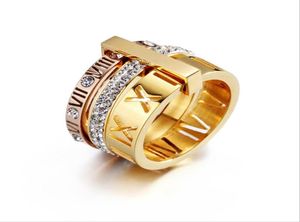 2021 Luxury Mens Bijoux Love Ring Designs Unisexe en acier inoxydable trois cercle Roman Numerals Blancs Diamond Rings Femmes Rose Gol4908947