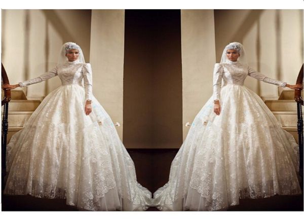 2021 Vestidos de novia musulmanes de lujo Vestido de pelota de manga larga Apliques de longitud larga Modest Dubai Wedding Wedding Vestido A126191414