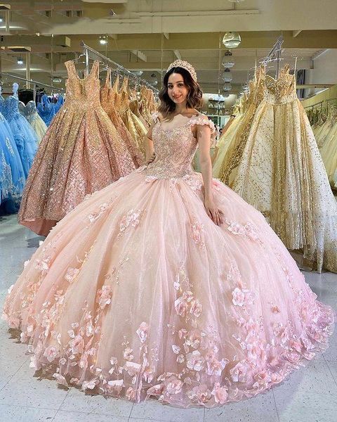 2021 Luxe Rose Ciel Bleu Quinceanera Robes Robe De Bal Puffy Hors Épaule Dentelle Appliques Cristal Perlé 3D Fleurs Florales Sweet 16 Robe De Bal Robe De Soirée