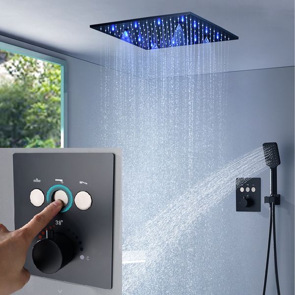 Système de douche de luxe 2021, surface noire mate, pommeau de douche pluie et brume de 16 pouces, bras de plafond montés sur mélangeur à bouton thermostatique, ensemble de bain LED