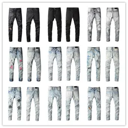 mannelijke ontwerper maakt oude motorrijbroeken voor mannen met gaten in de knieën, appliques met letters hete strass-steentjes hoogwaardige hiphop slim-fit jeans