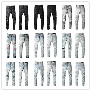 designer masculin pour faire de vieux jeans pour hommes à moto avec des trous dans les genoux, appliques de lettres strass chauds jeans slim hip hop de haute qualité