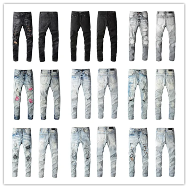 designer masculin pour faire de vieux jeans pour hommes à moto avec des trous dans les genoux, appliques de lettres strass chauds jeans slim hip hop de haute qualité