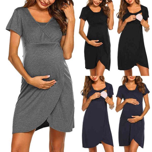 2021 Vestidos de maternidad Camisón Ropa de dormir Ropa para mujeres embarazadas Sólido Manga corta Lactancia Vestido de lactancia Pijamas AA220309