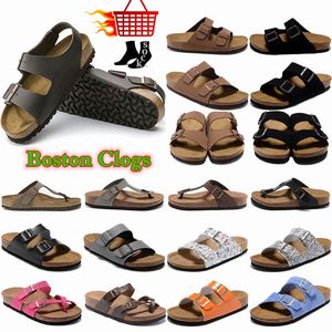 Sandalias de diseño Doble hebilla Slip On Boston Clogs Sandalias planas para mujer para hombre con plantilla de corcho Diapositivas de punta abierta Zapatillas ajustables sin cordones para el verano