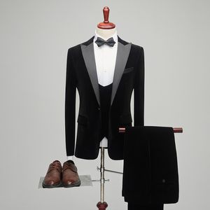 2023 Mannen Zwart Fluwelen Double Breasted Blazer Bruiloft Bruidegom Pak Dot Peaked Revers Smoking Voor Mannen Wedding Suits Prom beste Man Pak R230925