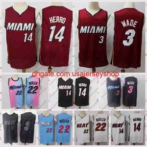 2021 Men Retro Basketball Jersey Dwyane 3 Wade Tyler 14 Herro Vintage Jimmy 22 Butler Size S-2xl Blue Wit Black Red