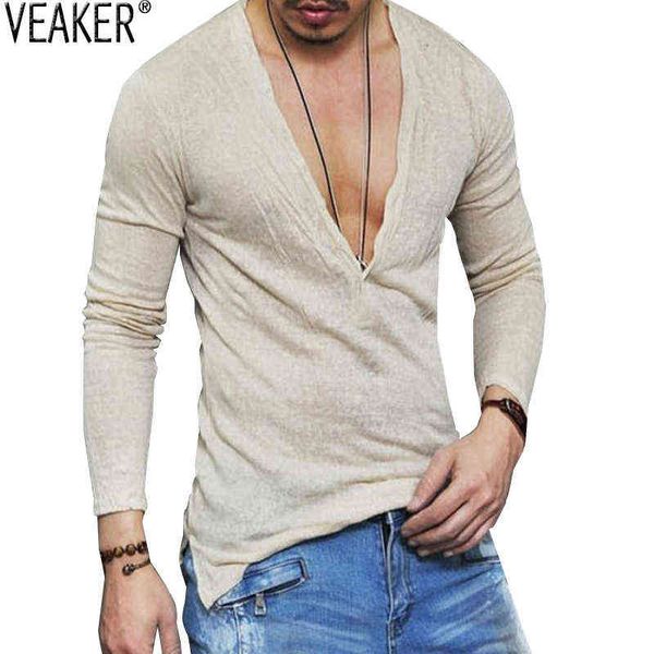 Camiseta de lino de otoño 2021 para hombre, camisetas ajustadas con cuello de pico profundo Sexy para hombre, camisetas de lino de manga larga blancas informales, camisetas S-2XL G1222