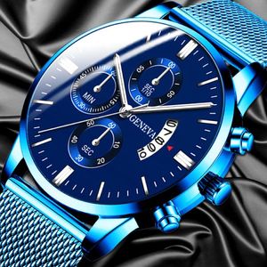 2021 Herenmode Zakelijke Kalender Horloges Heren Luxe Blauwe roestvrijstalen gaasriem Analoog quartz horloge 316V