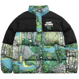 Chaqueta cálida de invierno 2021 para hombre, abrigo de retales con mapa Vintage, pintura Digital, chaqueta de pan Harajuku, Parka de gran tamaño para hombre, ropa para hombre T220802