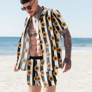 2021 Mannen Zomer Mode Heren Hawaiiaans Pak Gedrukt Knop Knop Cardigan Shirt + Beach Shorts Street