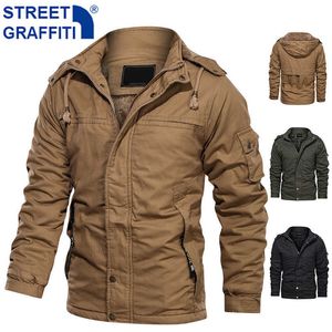 2021 Mannen Winter Casual Warm Dikke Fleece Bomberjack Mens Militaire Katoenen Jassen Mannen Nieuwe Cargo Hooded Jacket Windbreaker Jas X0710