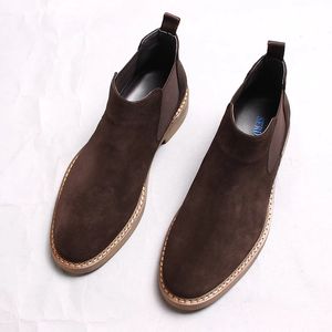 2021 Mannen Winter Chelsea Laarzen Echt Suede Leather Mens Platform Brogue Casual Enkle Flat Shoes Slip On Jurk Designer Merk Laarzen