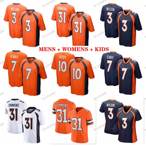 Hommes 3 Russell Wilson Football Maillots Jerry Jeudy Femmes Enfants Simmons Singleton McManus Bolles K'Waun Williams Tim Patrick Surtain II Hamler Sutton Elway Manning