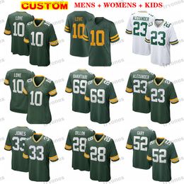 Hombres 10 Love Aaron Jones Camisetas de fútbol Mujeres Niños Dillon Bakhtiari Alexander Kenny Clark Hamilton Rashan Gary Lukas Van Ness Watson Darnell Savage Woodson Favre