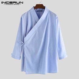2021 Herenoverhemden Chinese stijl Effen Kleur Mannen Shirt Retro Stand Kraag Hanfu Elegante Camisa Vintage Lace Up Long Sleeve S-5XL G0105