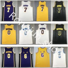 2021 Jerseys de baloncesto cosidos para hombre Russell Westbrook 0 Carmelo Anthony 7 Azul Blanco Negro Púrpura Amarillo Color 6 James Camisetas deportivas de alta calidad