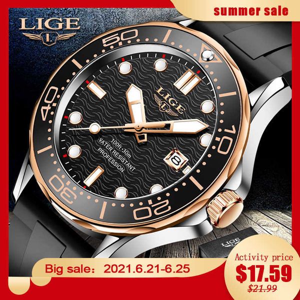 2021, relojes para hombre, correa de silicona, reloj resistente al agua para hombres, marca superior LIGE, reloj de pulsera deportivo de lujo para hombres, reloj de pulsera de cuarzo, reloj Masculino X0625
