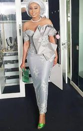 2021 Zeemeermin ASO EBI korte mouw prom jurken applicaties kant van de schouder zilveren avondjurken Dubai vrouwen feestjurk