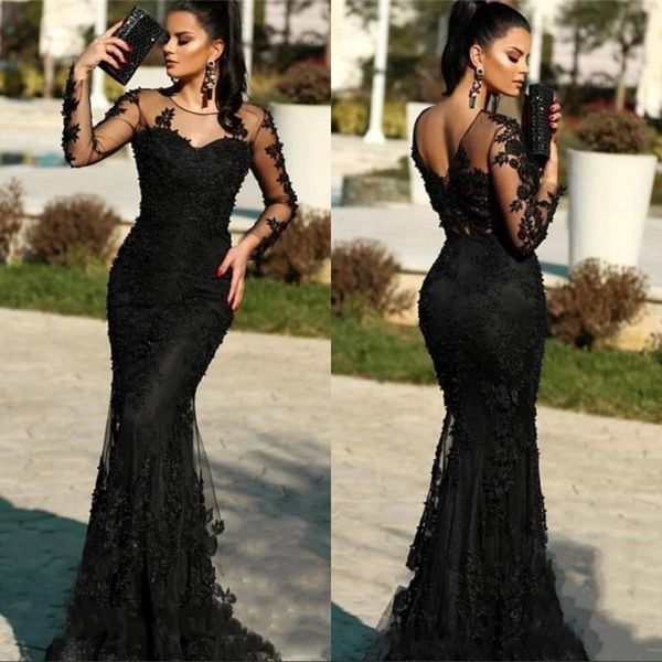 2021 Sirena Vestido de noche de encaje negro Ilusión Manga larga Cuello transparente Hasta el suelo Trompeta Ocasión formal Vestido de fiesta de graduación Tamaño personalizado