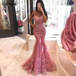 2021 Zeemeermin Kant Applicaties Avondjurken Spaghetti Riemen Dames Speciale Gelegenheid Jurk Applique Tule Formele Prom Party-jassen